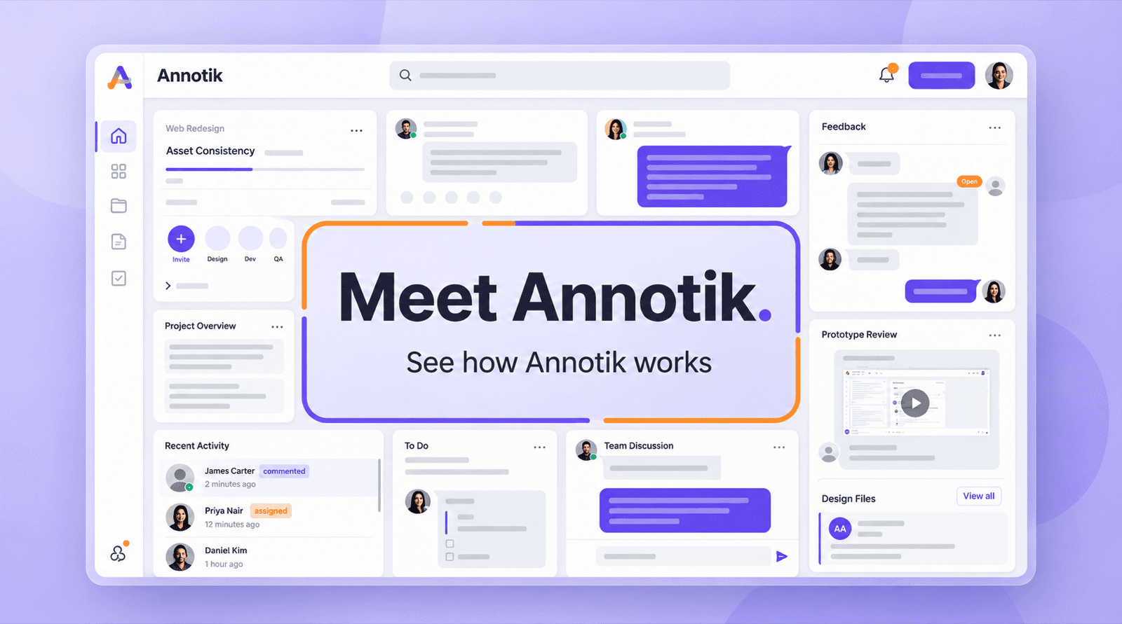 Annotik dashboard showing project boards, feedback threads, and a bug ticket with a play button overlay