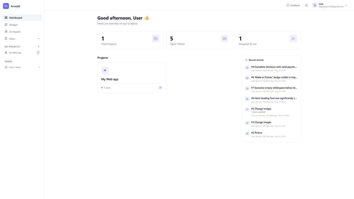 Annotik activity dashboard listing open tickets, projects, and recent activity