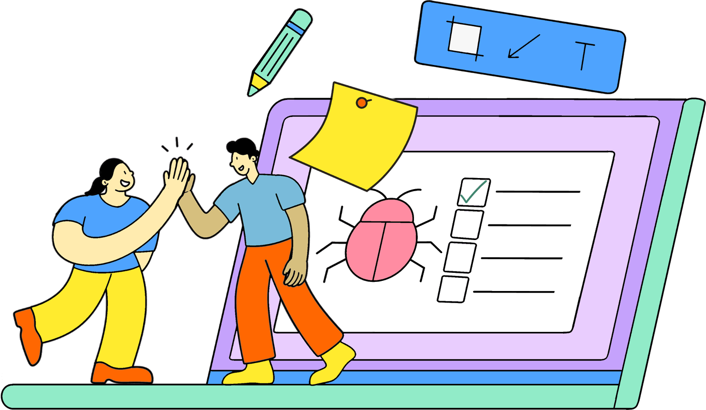 Two teammates high-fiving in front of a laptop showing a bug tracker checklist